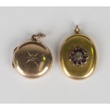A gold back and front circular pendant locket, star set with a diamond chip to the centre, length