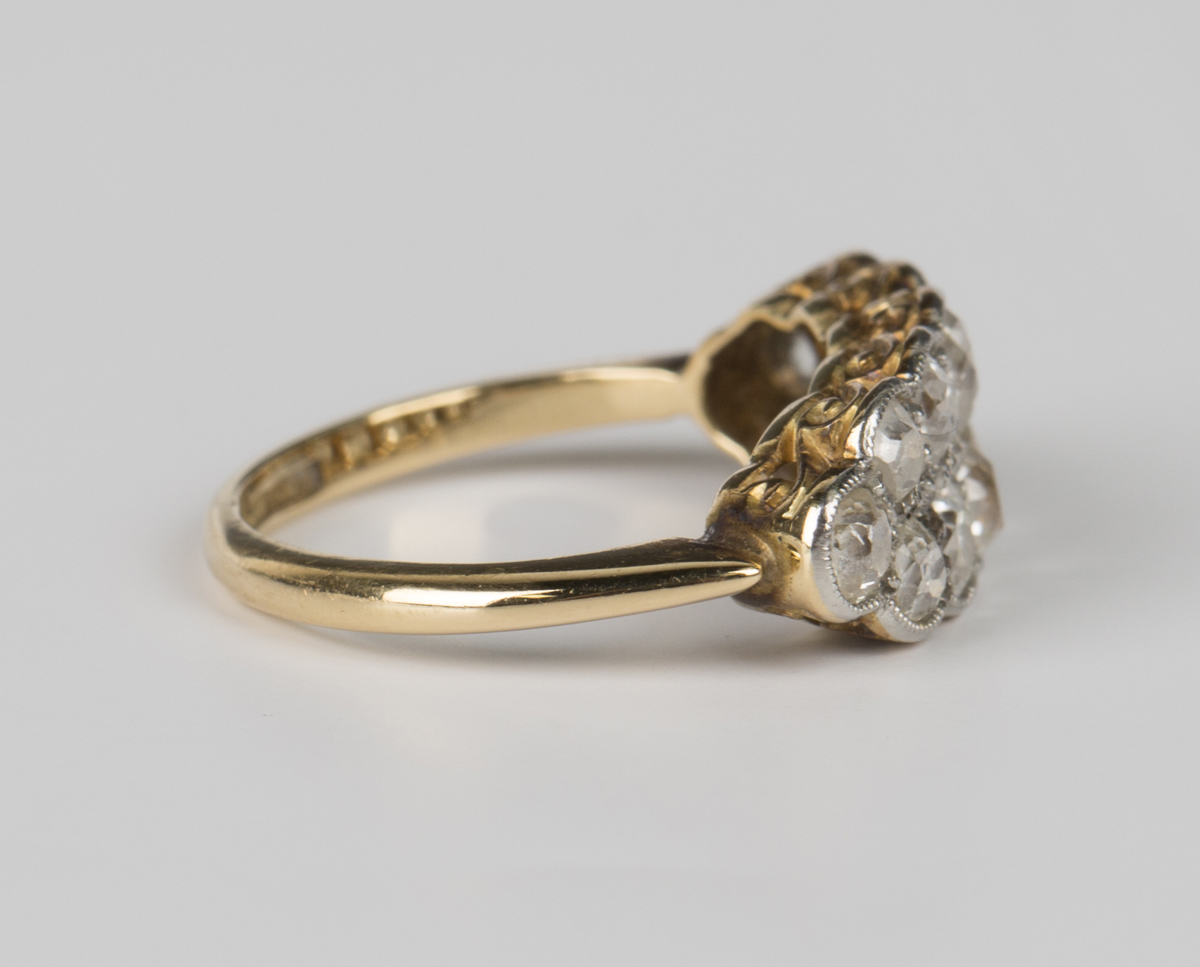 A gold, platinum and diamond ring in a two row boat shaped design, mounted with cushion cut - Image 3 of 3