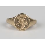 A 9ct gold oval signet ring, crest engraved, ring size approx R1/2.Buyer’s Premium 29.4% (
