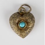 A Victorian gold and turquoise heart shaped pendant locket, glazed with a locket compartment to