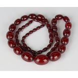 A single row necklace of graduated oval cherry coloured reconstituted amber beads, gross weight