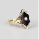 A gold, black onyx and diamond ring in a panel shaped design, mounted with the principal cushion cut