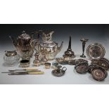 A collection of assorted silver and plated items, including two silver two-handled cups, a plated