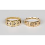 A late Victorian 15ct gold, diamond and ruby half-hoop ring, the panelled front set with two