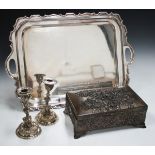 A Walker & Hall plated two-handled tray, a pair of plated candlesticks and a Japanese antimony