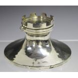 A George V silver capstan inkwell with castellated top and horizontal swing hinged cover, London