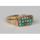 A gold, turquoise and imitation turquoise ring in a three row design, indistinctly detailed 'K18',