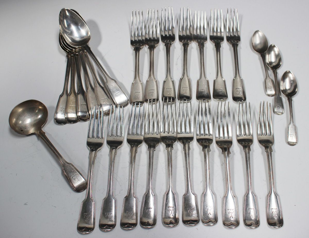A George IV and later harlequin part canteen of silver Fiddle and Thread pattern cutlery, comprising