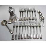 A George IV and later harlequin part canteen of silver Fiddle and Thread pattern cutlery, comprising