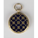 A Victorian blue enamelled circular pendant locket, the front with floral decoration on a cross-