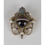 A Victorian gold, enamelled, banded agate and cultured pearl brooch in a Giuliano inspired design,
