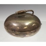 A Continental .800 silver novelty box and cover in the form of a curling stone with hinged lid and