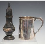 A George V silver christening tankard of cylindrical form with scroll handle, Chester 1922 by Stokes