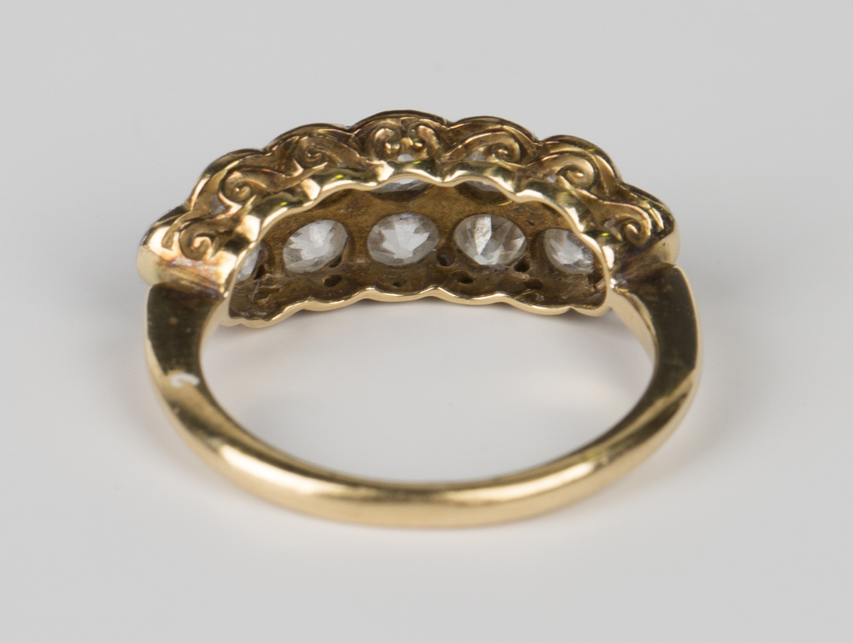 A gold, platinum and diamond ring in a two row boat shaped design, mounted with cushion cut - Image 2 of 3