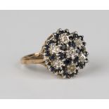 A 9ct gold, sapphire and diamond multiple cluster ring, London 1980, ring size approx R, cluster