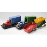 A metal clockwork van, finished in blue, red and black, length 27.5cm, together with a tractor