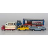 A collection of playworn Corgi Toys cars and commercial vehicles, including a No. 279 Rolls-Royce