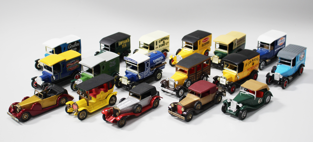 A collection of Matchbox Models of Yesteryear, including a Ford Model T van 'Bird's Custard Powder',