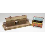 A collection of Hornby gauge O railway items, including a 20 volt electric locomotive and tender