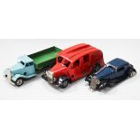 Three Tri-ang Minic tinplate clockwork vehicles, comprising a cabriolet, a fire engine and a