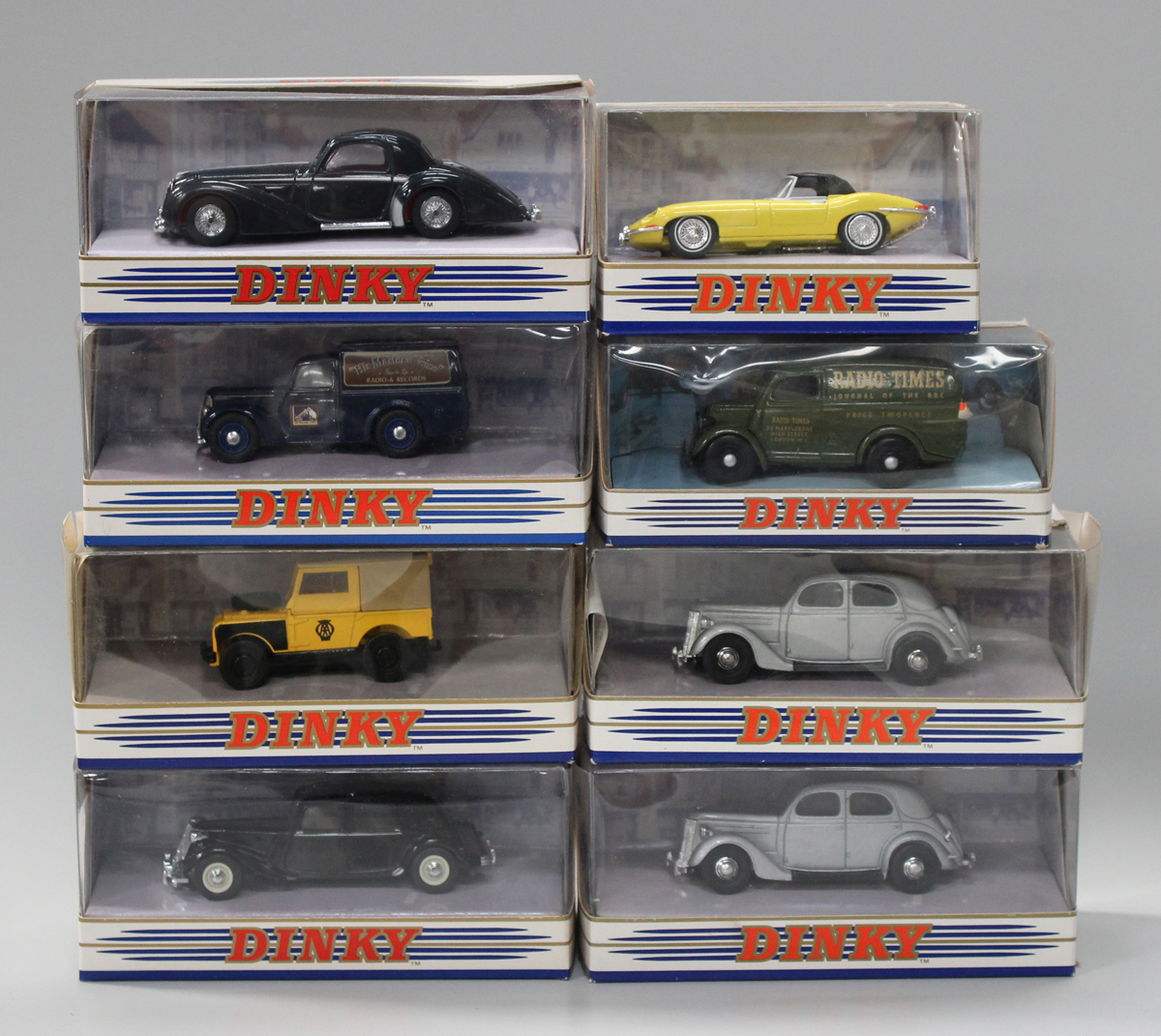 Eight Matchbox Dinky vehicles, including two DY5-B 1950 Ford V8 Pilots, a DY-1B 1967 Jaguar E Type