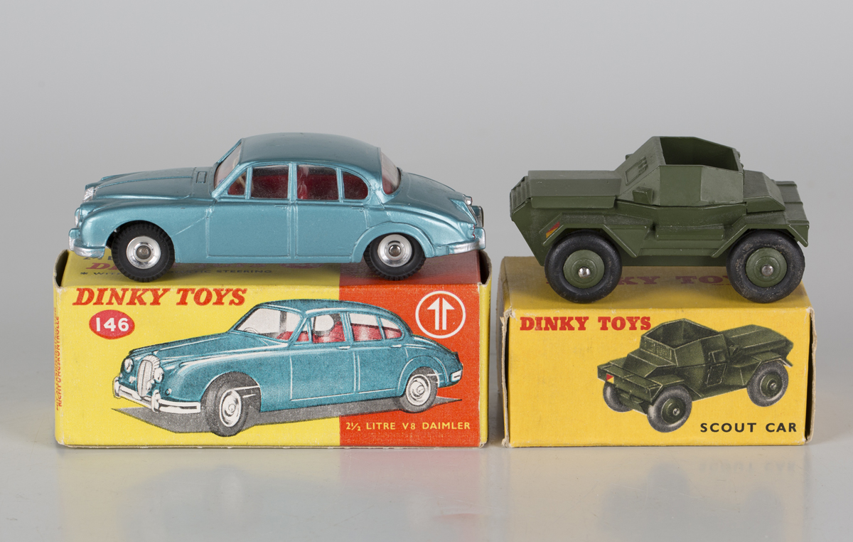 A Dinky Toys No. 146 2½ litre V8 Daimler, finished in metallic pale green with spun hubs, and a