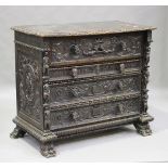 A 19th century Continental stained walnut chest carved with overall scrolls, putti, amusing nude