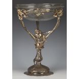 An Art Nouveau plated pewter centrepiece bowl, possibly WMF, the circular cut glass bowl supported