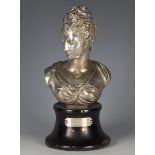 A late 19th century French silvered bronze head and shoulders portrait bust, the base titled '