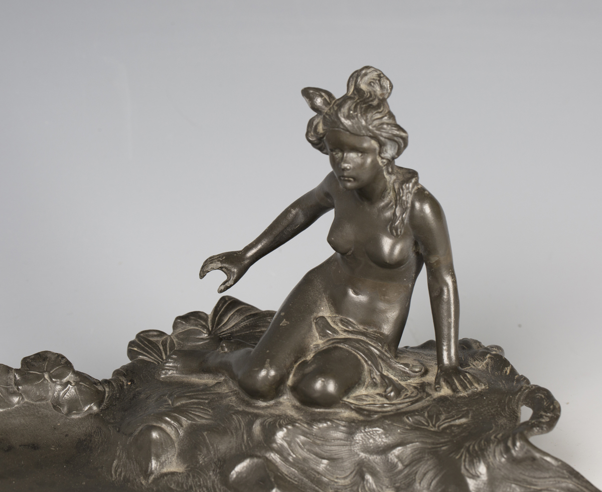 An Art Nouveau Argentor cast pewter inkstand, modelled in the form of a semi-clad maiden seated - Image 3 of 3