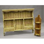 A 20th century pine wall shelf, height 92cm, width 116cm, together with a pine corner shelf,