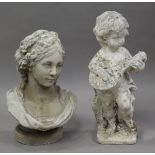 A 20th century cast composition stone garden figure of a putto, height 57cm, together with a similar