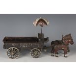 A 20th century cold painted cast alloy model of a horse-drawn 'Fruits & Vegetables' cart, total