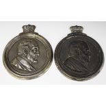 A pair of 19th century cast metal portrait plaques depicting Wellington in profile, the backs