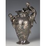 An Art Nouveau WMF plated pewter figural vase, the ovoid body modelled with a merman and putto to