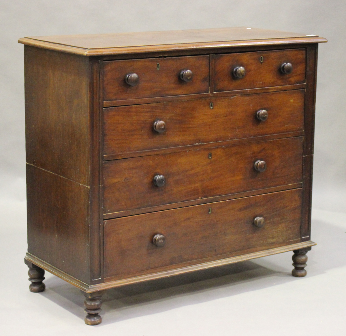 A late Victorian mahogany chest of two short and three long drawers, height 108cm, width 119cm,