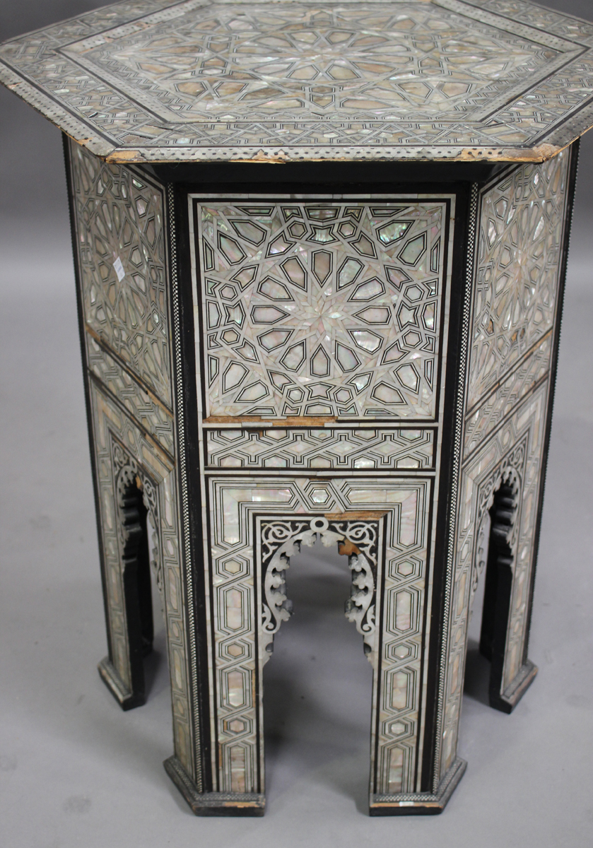 An early 20th century Middle Eastern hardwood and mother-of-pearl hexagonal occasional table, - Image 3 of 7