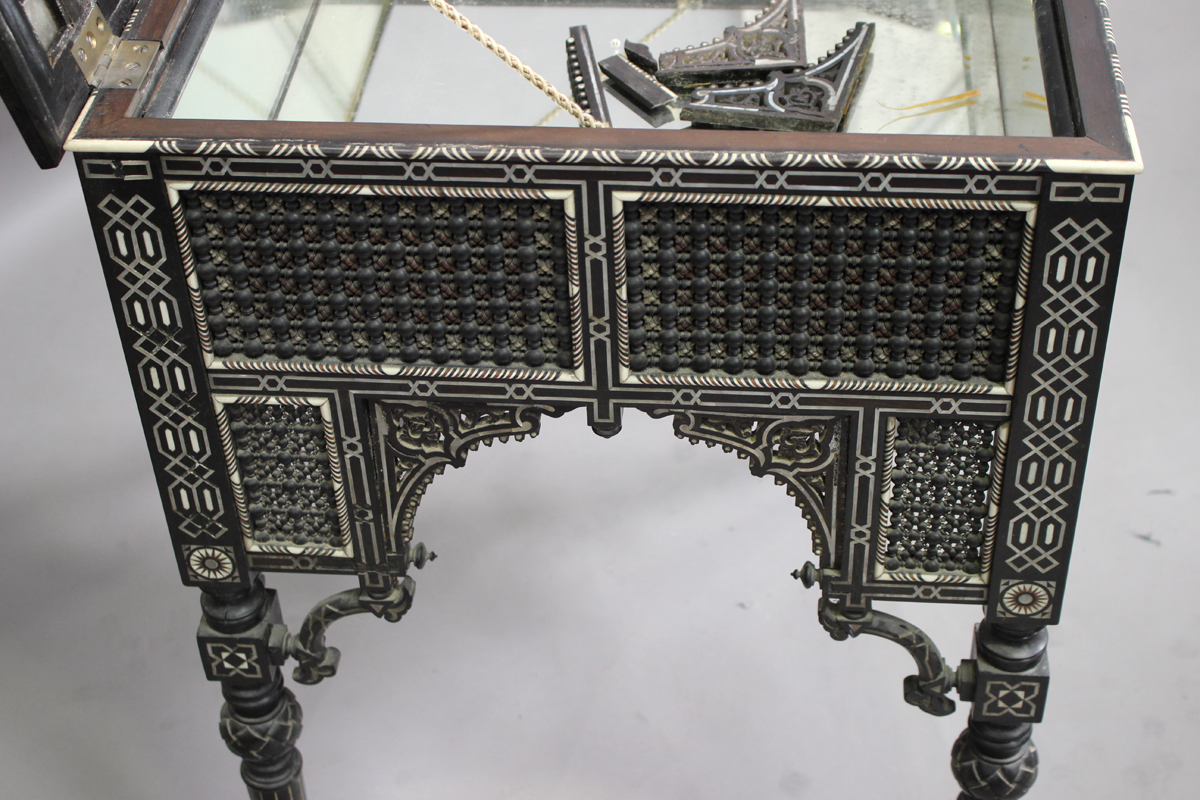 A late 19th century Middle Eastern ebonized bijouterie table, inset with overall panels of finely - Image 7 of 10