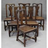 A harlequin set of six mid-18th century provincial oak splat back dining chairs with solid panel