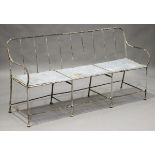 A late 19th/early 20th century French painted wrought iron garden bench, the seat inset with sheet