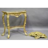 A late 20th century gilt console table, height 74cm, width 76cm, depth 29cm, together with a similar