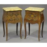 A pair of 20th century French kingwood bedside tables with marble tops and foliate inlay, bearing