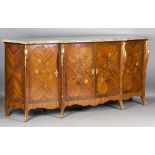 A large 20th century French kingwood and floral inlaid side cabinet, the substantial marble top