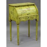 A late 20th century French style painted roll-top lady's desk, raised on turned legs, height 98cm,