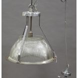 A pair of mid-20th century wrought metal and moulded glass industrial style ceiling lights, height