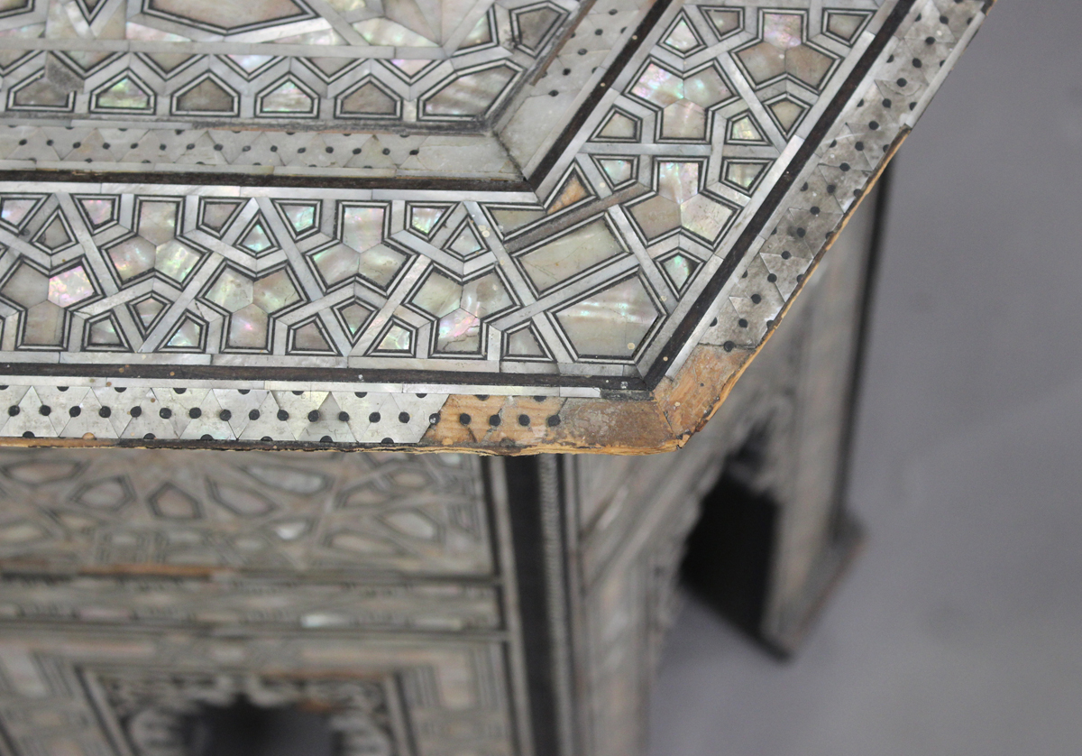 An early 20th century Middle Eastern hardwood and mother-of-pearl hexagonal occasional table, - Image 2 of 7