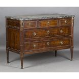 A late 18th century French mahogany and gilt metal mounted commode, the grey marble top above five