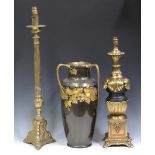 An early 20th century Continental brown and gilt patinated metal vase, height 48cm, together with