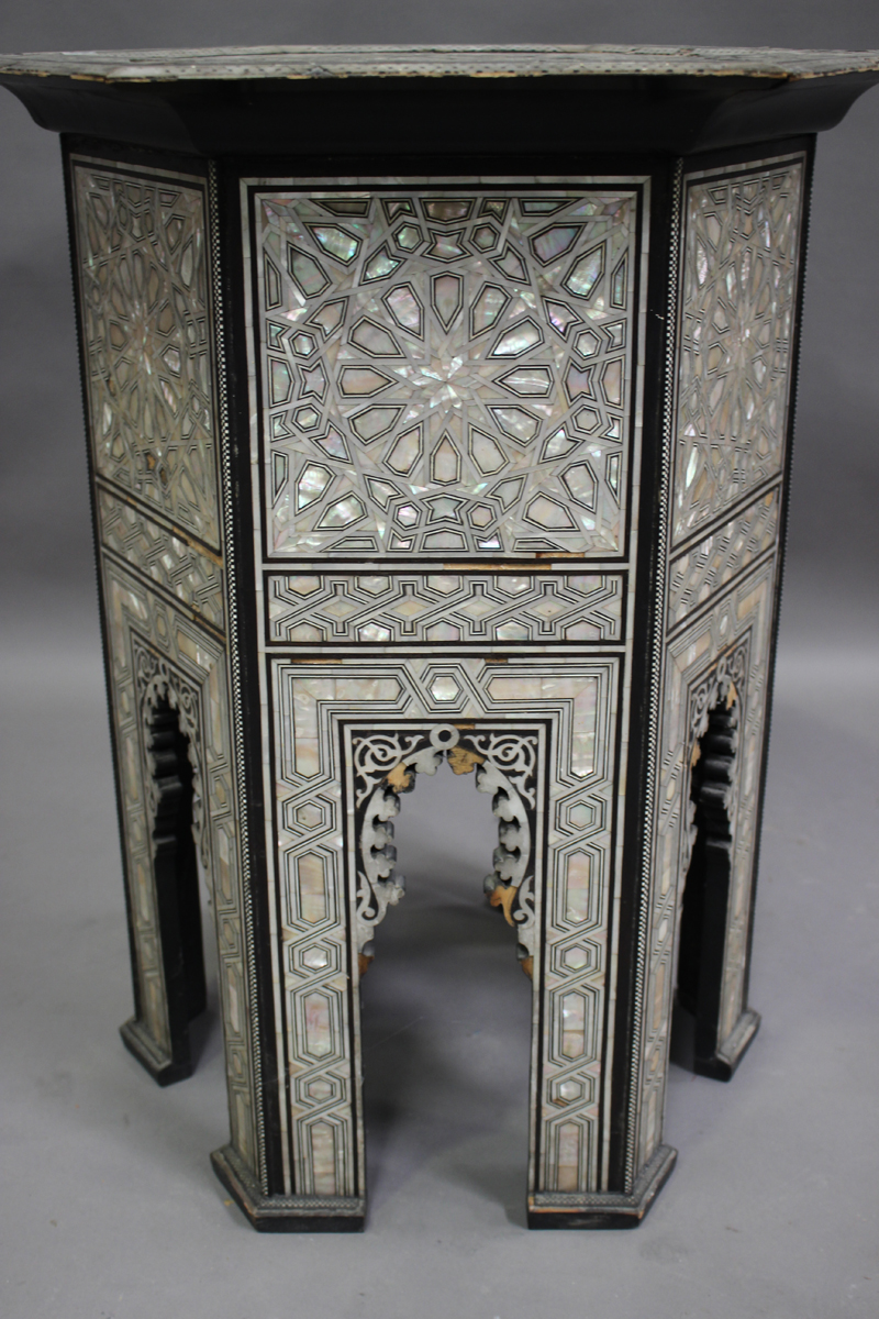 An early 20th century Middle Eastern hardwood and mother-of-pearl hexagonal occasional table, - Image 6 of 7