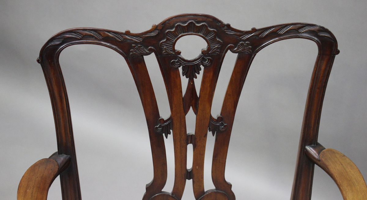 A George III Chippendale period mahogany elbow chair, the pierced splat back finely carved with - Image 2 of 2